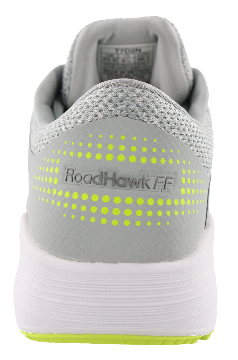 Back of Mid Grey/White/Yellow ASICS Men Walking Cushioned Running Shoes Roadhawk FF