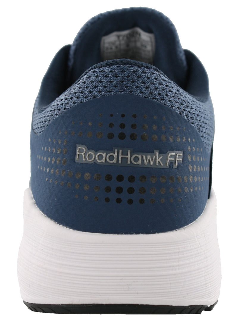 Back of Dark Blue/Black/White ASICS Men Walking Cushioned Running Shoes Roadhawk FF