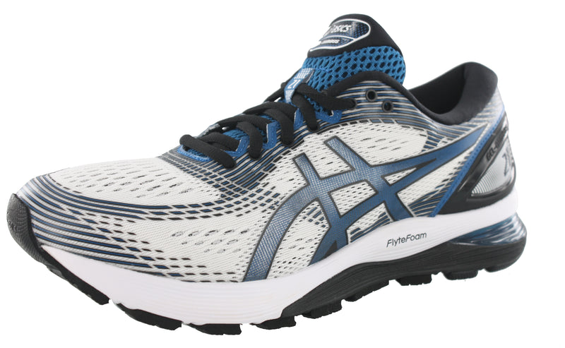 Lateral of White with Deep Sapphire accents ASICS Men Walking Trail Cushioned Running Shoes Gel Nimbus 21