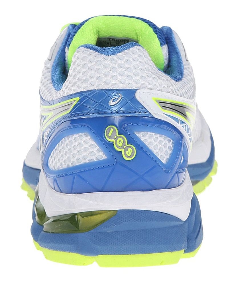 Back of White/Lightning/PwrBlue5327 ASICS Women Walking Trail Cushioned Running Sneakers