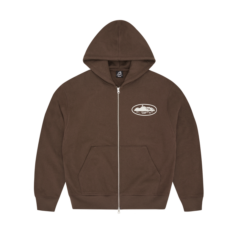 Corteiz Island Puff Print Zip Hoodie Brown