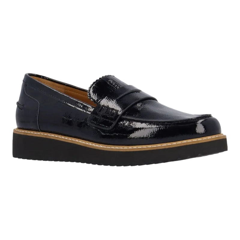 Black patent leather loafer on a white background