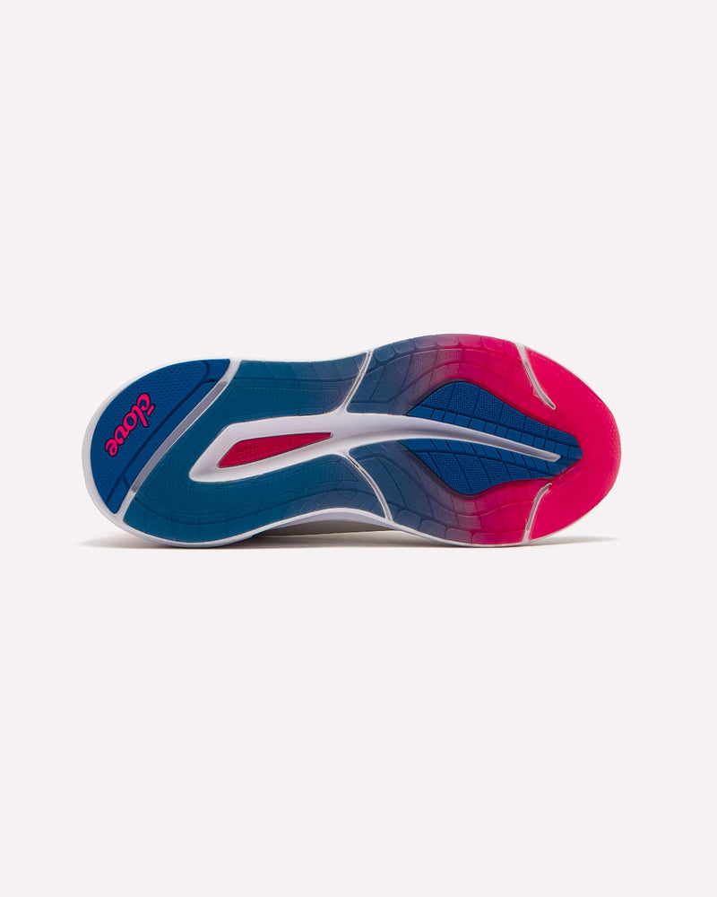 Blue and pink athletic shoe on a white background