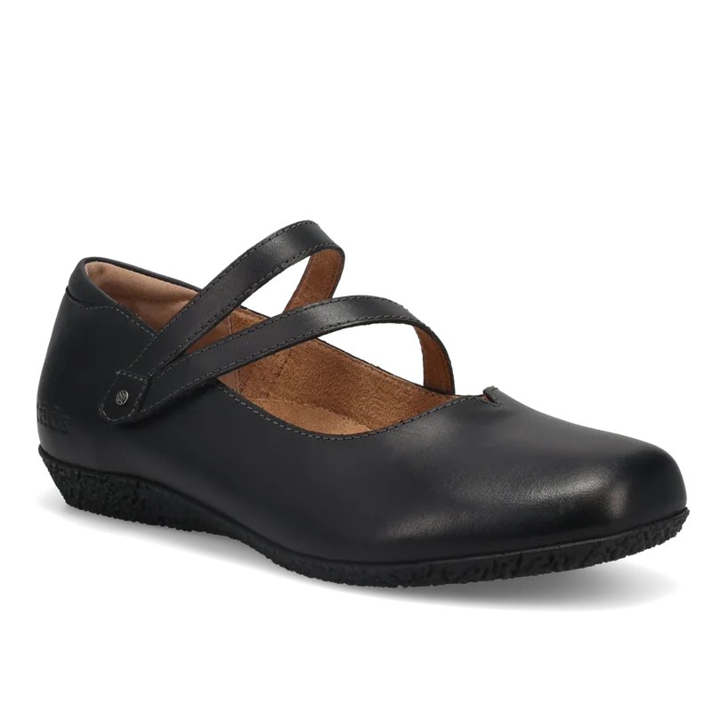 Black leather shoe with a strap on a white background