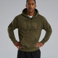 Man wearing a green TYR hoodie against a gray background