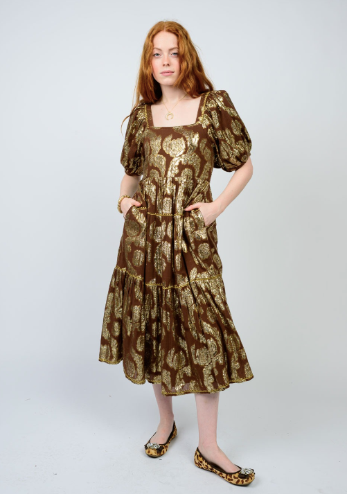 UNCLE FRANK SALE METALLIC ROSES DRESS - BROWN MULTI