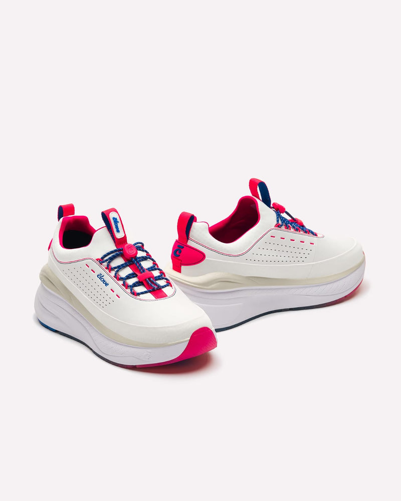 White shoes with pink and blue accents on a white background
