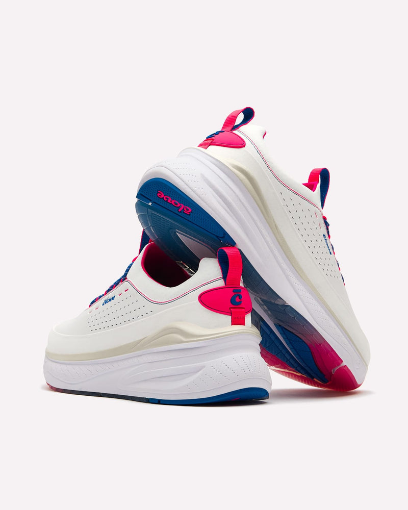 White shoes with pink and blue accents on a white background